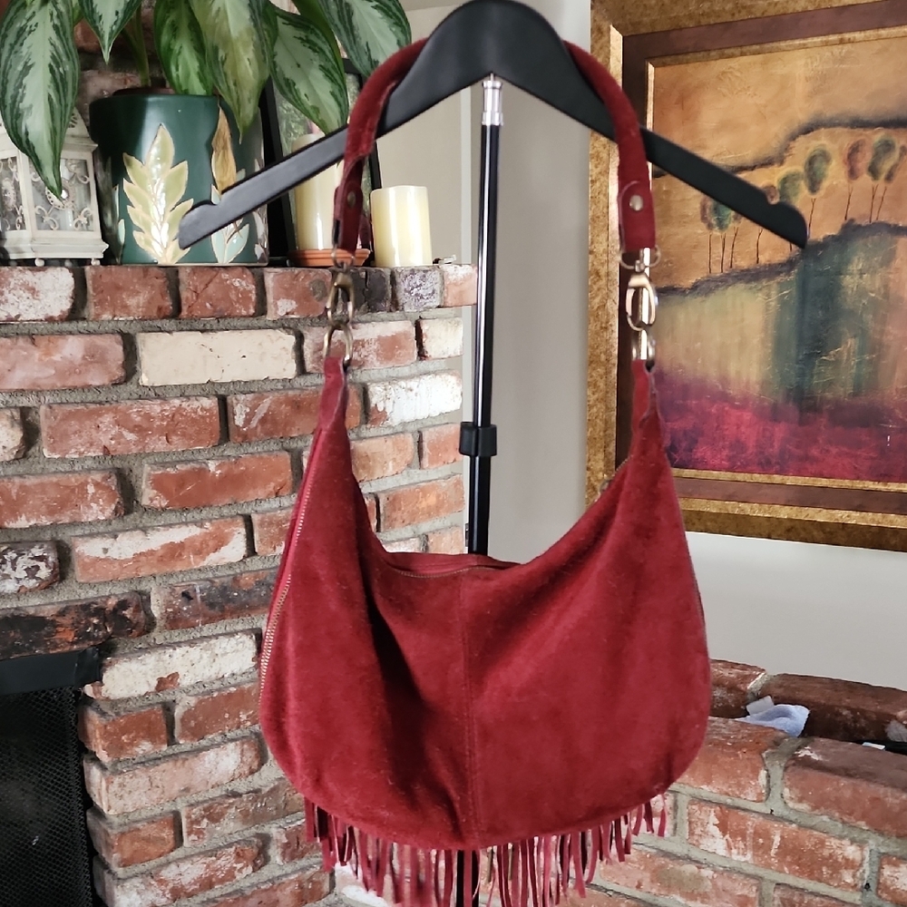 Italian Made Red Suede Leather Boho Fringe Hobo Bag | Beaded Tassels - Picture 5 of 16